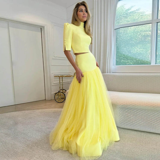 WDP Women's Yellow Two-Piece Party Dress - High Neck, A-Line Style - Buy Center US