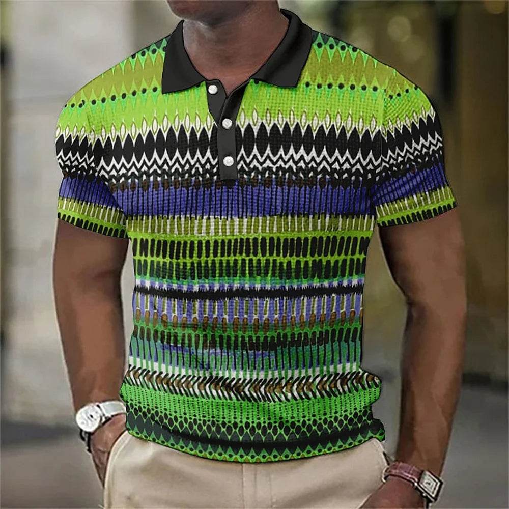 Vintage Men's Casual Polo Shirt - 3D Stripe Print, Loose Fit, Soft Tee - Buy Center US