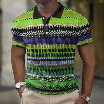 Vintage Men's Casual Polo Shirt - 3D Stripe Print, Loose Fit, Soft Tee - Buy Center US
