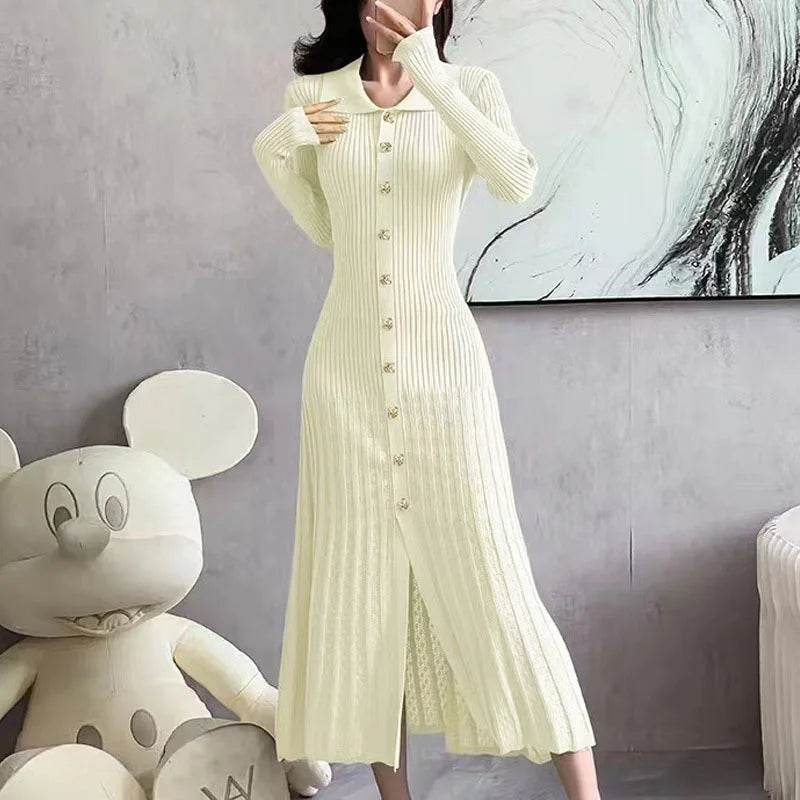 Chic Women’s V-Neck Long Dress - Slim Fit, Patchwork Puff Sleeve - Buy Center US