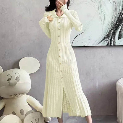 Chic Women’s V-Neck Long Dress - Slim Fit, Patchwork Puff Sleeve - Buy Center US