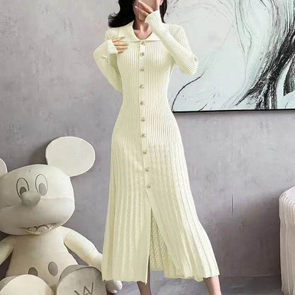 Elegant V-Neck Knitted Dress - Patchwork Long Puff Sleeve Chic - Buy Center US