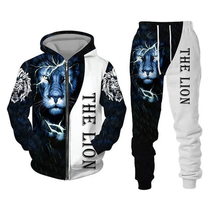 Men's 3D Lion Print Tracksuit - Casual Zipper Hoodie & Pants Set - Buy Center US