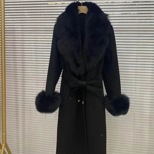 HSPLC Women's Long Wool Blended Coat with Fox Fur Collar - Winter Fashion - Buy Center US
