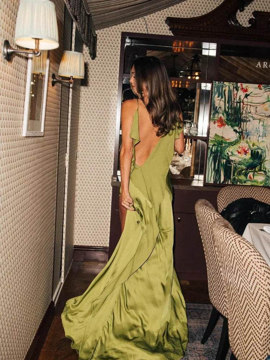 Elegant Green Satin Sling Dress - Backless Sleeveless & Slim Fit - Buy Center US