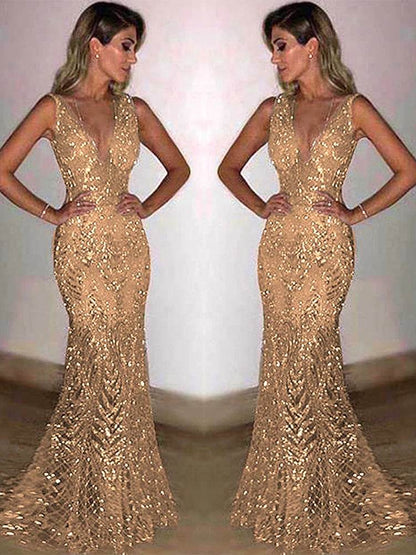 Elegant V Neck Maxi Dress for Women - Shiny Sequin Party Robe - Buy Center US