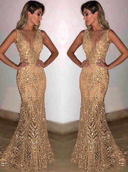 Elegant V Neck Maxi Dress for Women - Shiny Sequin Party Robe - Buy Center US