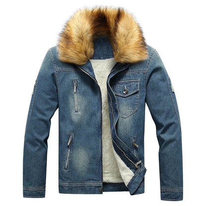 Men's Winter Fleece Lined Fur Collar Jean Jacket - Warm Denim Outerwear - Buy Center US