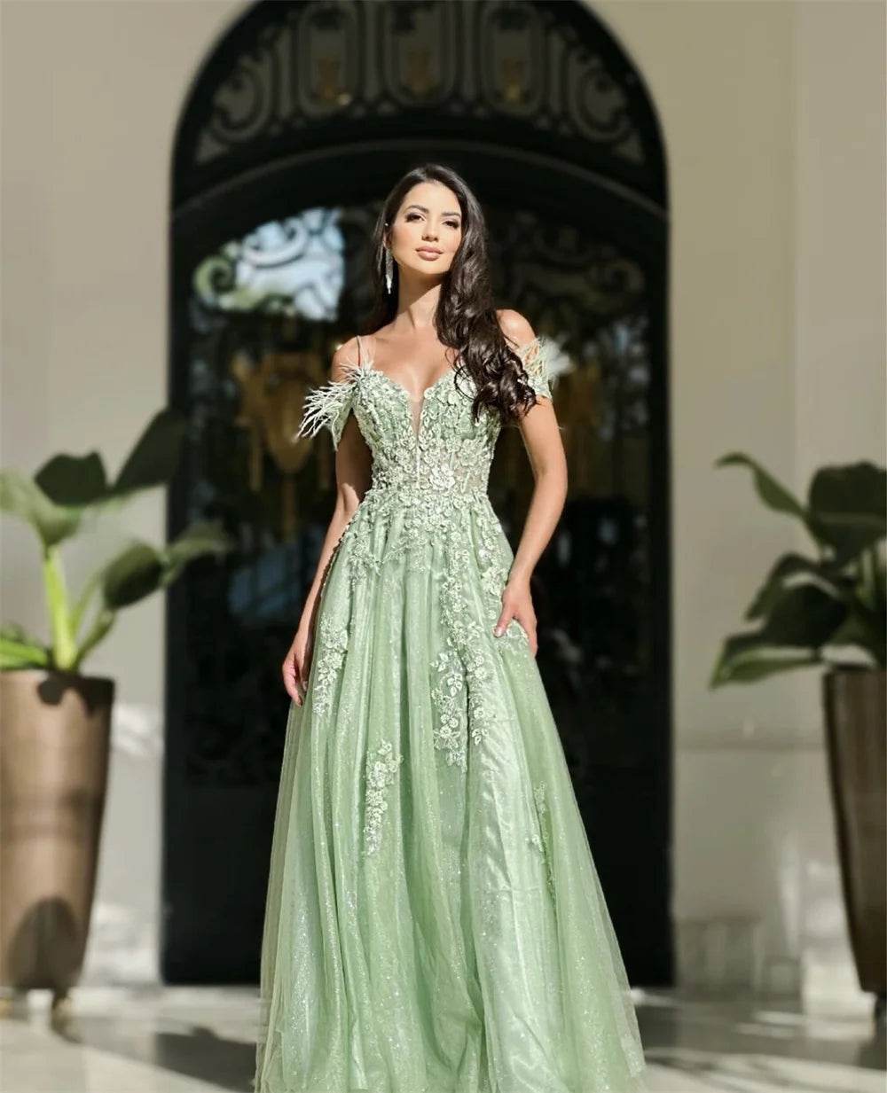 Cathy Light Green Off the Shoulder Prom Dress - High Split, Lace Embroidery - Buy Center US
