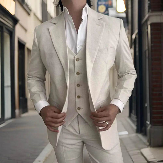 Tunetak Men's 3-Piece Linen Suit - Slim Fit Beige Blazer & Vest Set - Buy Center US