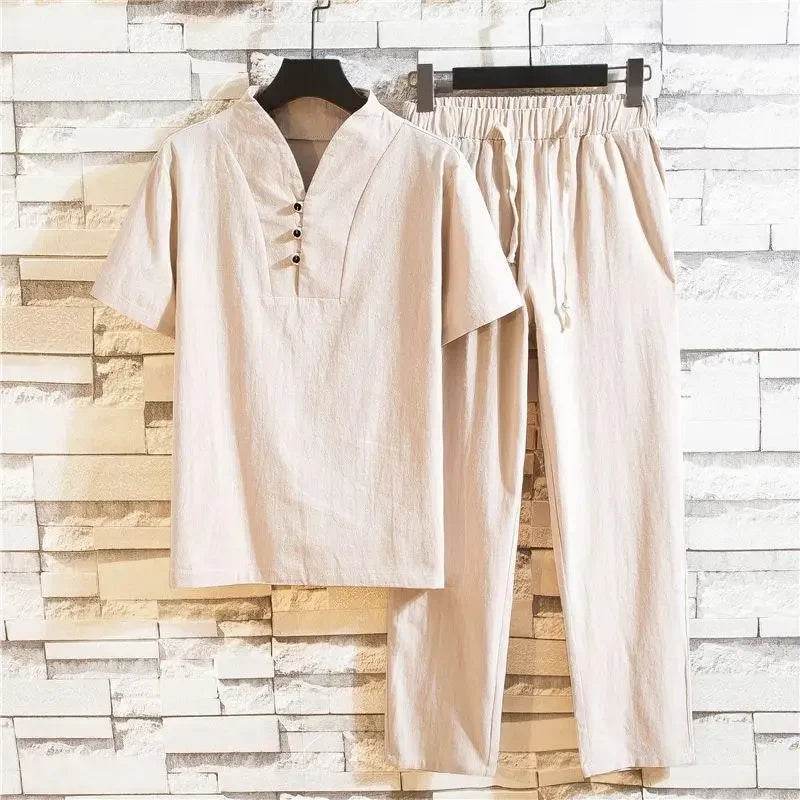 Chinese Style Linen Suit - Men's Summer Short Sleeve Hanfu Set - Buy Center US