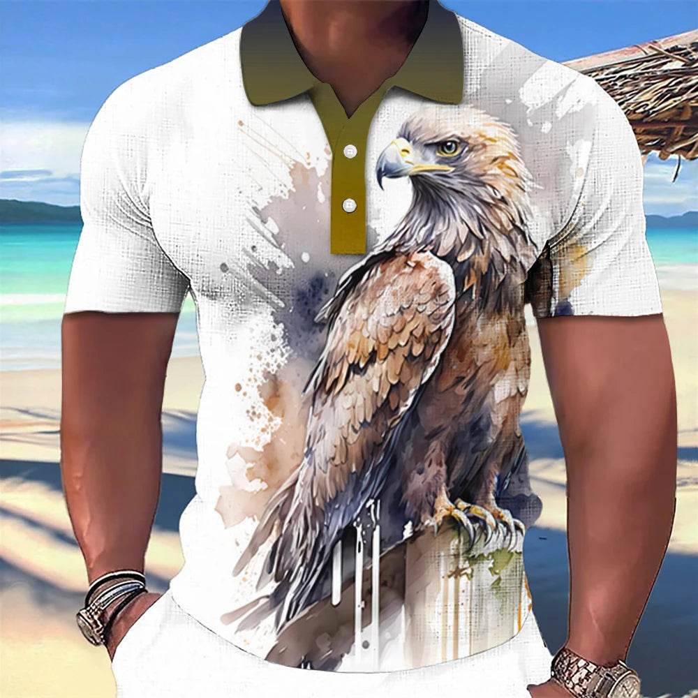 3D Wolf & Eagle Print Polo Shirt - Casual Short Sleeve Men’s Tee - Buy Center US