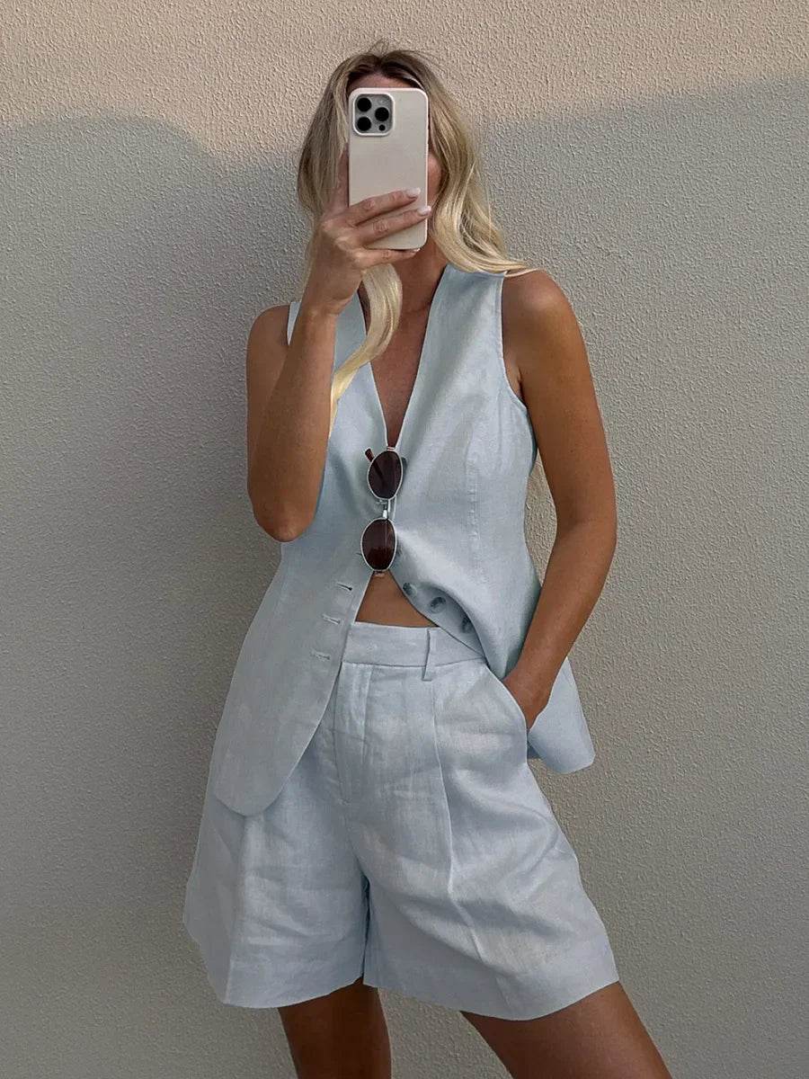 Orinchic Women's Summer Cotton Linen Vest & Shorts Set - Casual Chic - Buy Center US