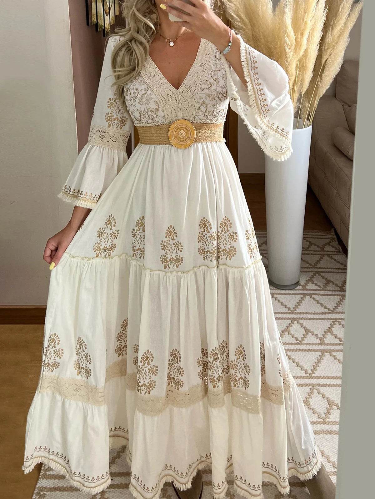 Elegant Floral Print V-Neck Maxi Dress for Women - Flared Sleeves - Buy Center US