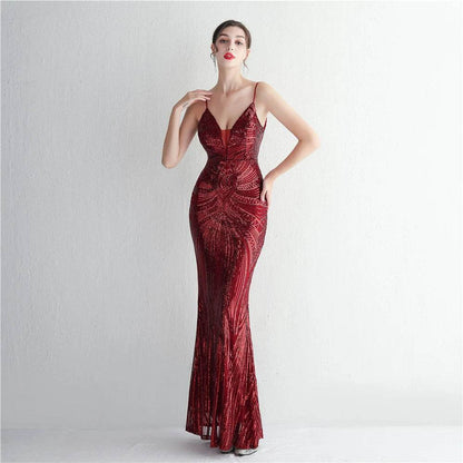HBLL Sexy V Neck Maxi Dress - Purple Sequin Formal Gown for Parties - Buy Center US