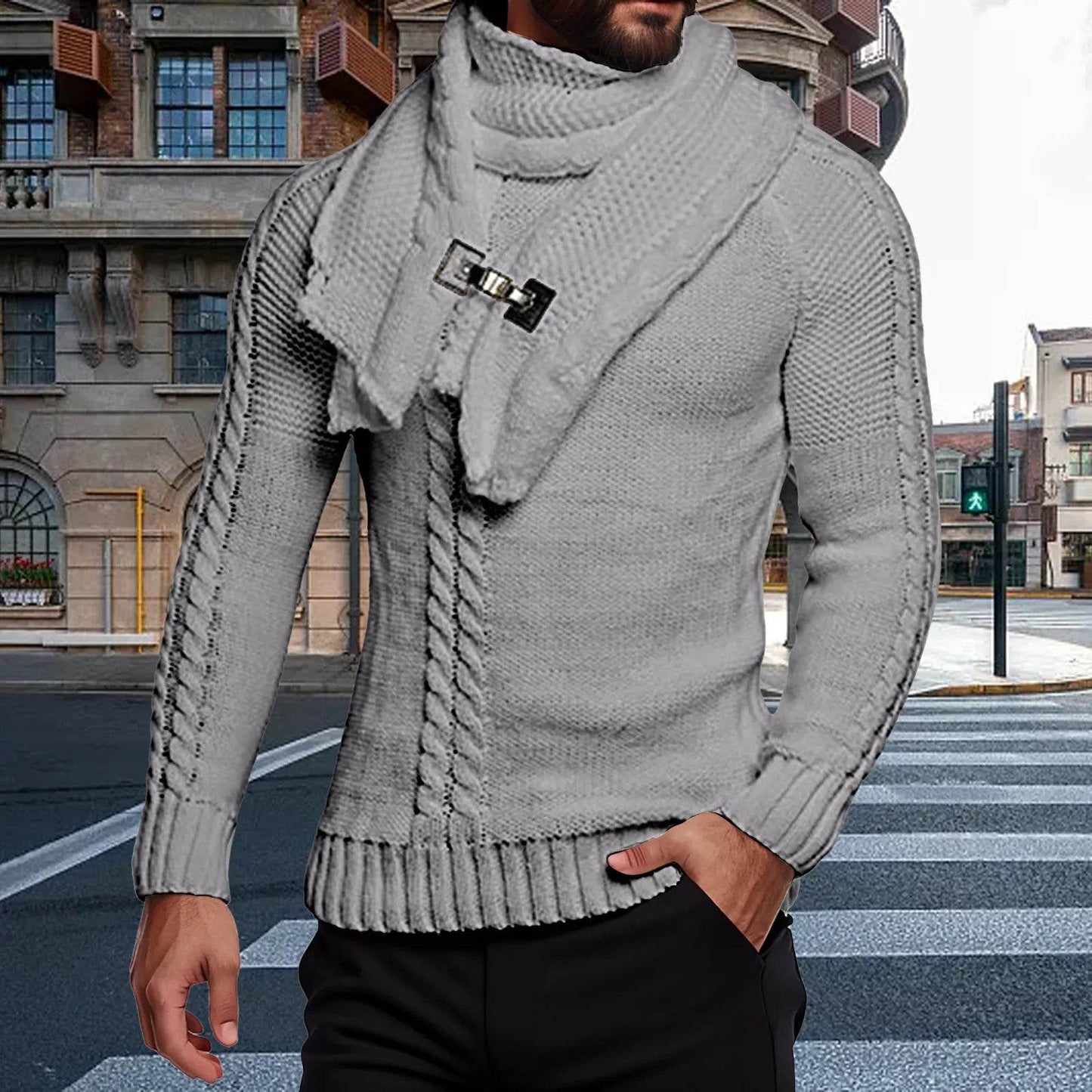 Men's Autumn Winter O-Neck Thermal Sweater & Scarf Set - Casual Layers - Buy Center US