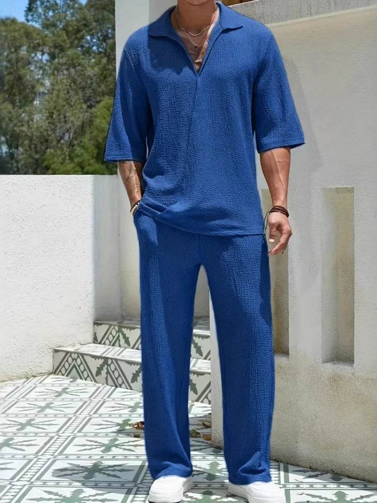 Men's Retro Casual Suit - Solid V-Neck Shirt & Drawstring Pants Set - Buy Center US