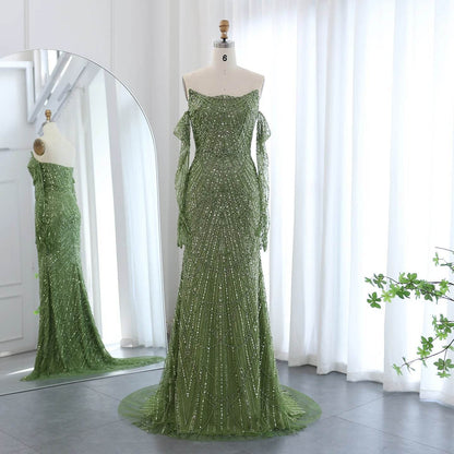 Sharon Said Luxury Mermaid Evening Dress - Green Tulle Gown with Gloves - Buy Center US