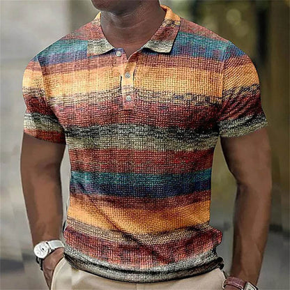 Vintage Men's Casual Polo Shirt - 3D Stripe Print, Loose Fit, Soft Tee - Buy Center US
