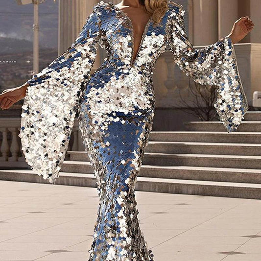 Elegant Silver Sequin Evening Dress - Flare Sleeves, Deep V Neck - Buy Center US