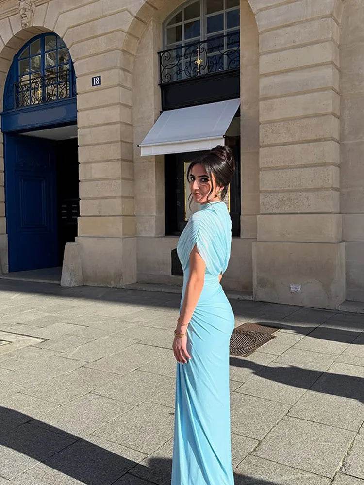 Elegant Irregular Blue Pleated Long Dress - Slim Fit Turtleneck Dress - Buy Center US