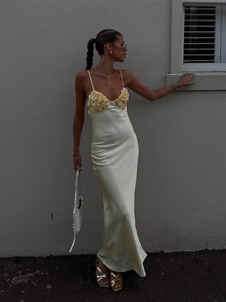 Yellow V-Neck Satin Dress - Sleeveless Backless Women’s Party Wear - Buy Center US