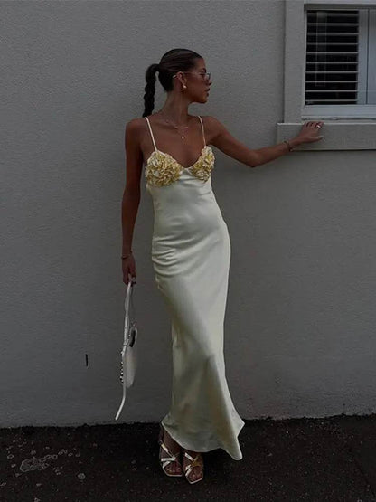 Yellow V-Neck Satin Dress - Sleeveless Backless Women’s Party Wear - Buy Center US