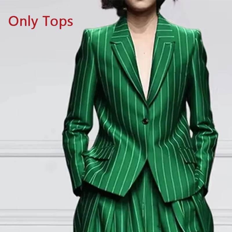 Beautyblue Women's Vintage Blazer Set - Striped Loose Wide Leg Trousers - Buy Center US