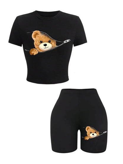 Teekossc Women's Slim Crop T-Shirt & Shorts Set - Teddy Bear Print - Buy Center US