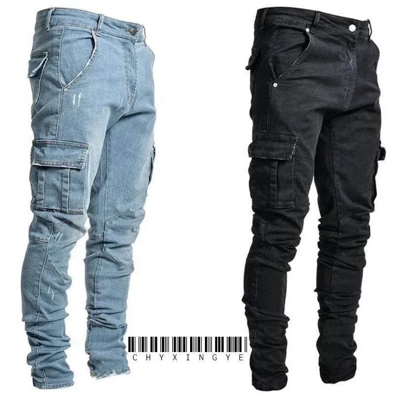 Men's Black Stretch Cargo Jeans - Big Pockets, Casual Comfort - Buy Center US