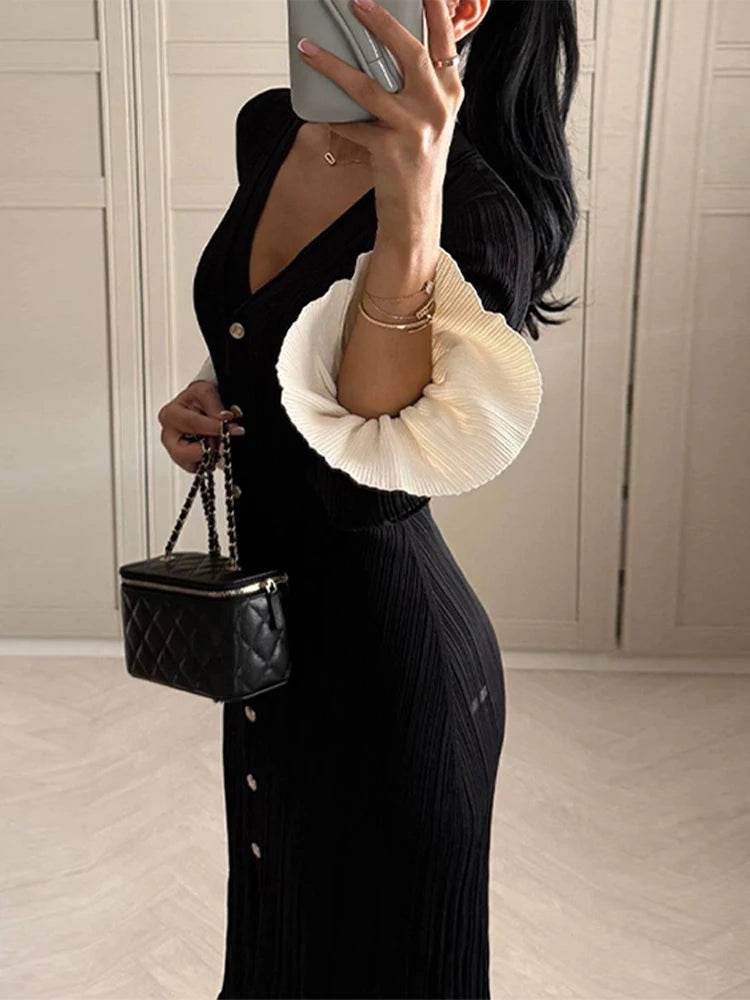 Chic Women’s V-Neck Long Dress - Slim Fit, Patchwork Puff Sleeve - Buy Center US