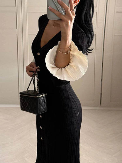 Chic Women’s V-Neck Long Dress - Slim Fit, Patchwork Puff Sleeve - Buy Center US