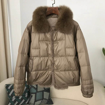 Women's White Duck Down Puffer Jacket - Real Fox Fur Collar Coat - Buy Center US