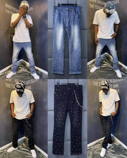 Blue Stretchy Pearls Skinny Jeans for Men - Rhinestone Denim Fashion 2024 - Buy Center US