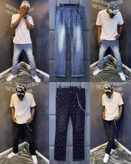 Blue Stretchy Pearls Skinny Jeans for Men - Rhinestone Denim Fashion 2024 - Buy Center US