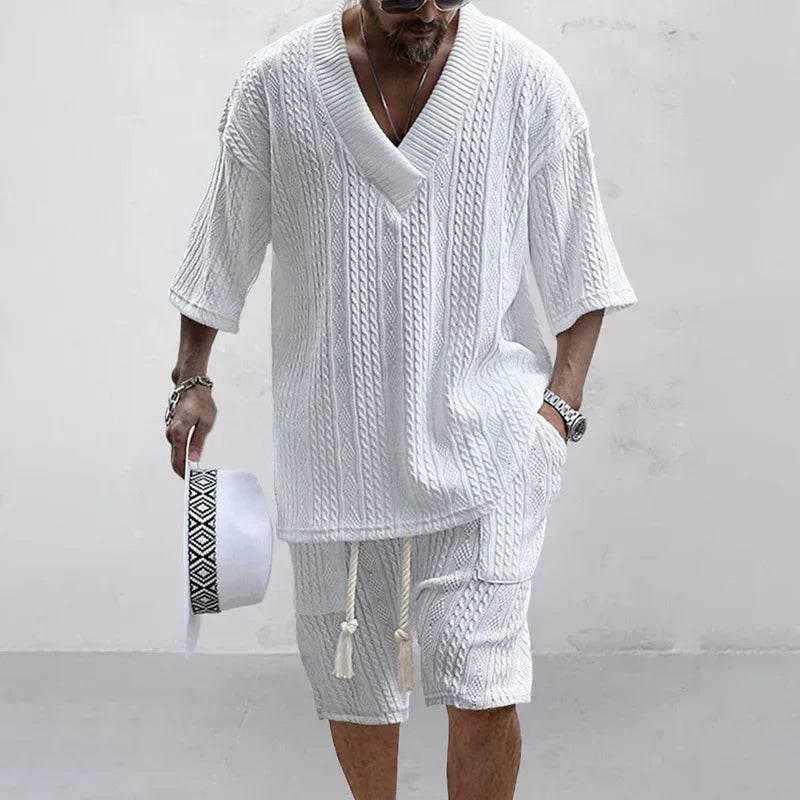 2024 Summer Casual Men's Knit Shorts Set - V-Neck Tee & Drawstring Shorts - Buy Center US