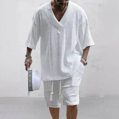 2024 Summer Casual Men's Knit Shorts Set - V-Neck Tee & Drawstring Shorts - Buy Center US