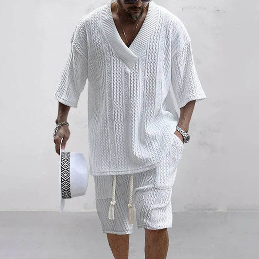 2024 Summer Casual Men's Knit Shorts Set - V-Neck Tee & Drawstring Shorts - Buy Center US