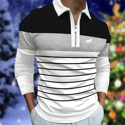 Men's Casual Long Sleeve Polo Shirt - Quick Drying with Zipper, Striped - Buy Center US