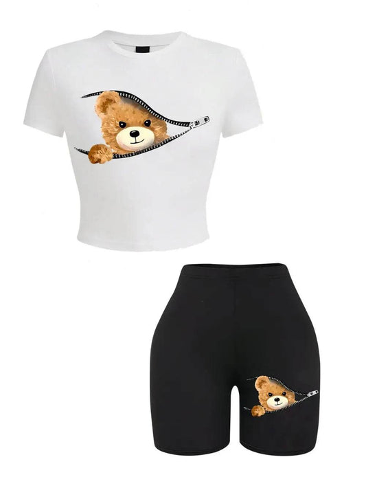 Teekossc Women's Slim Crop T-Shirt & Shorts Set - Teddy Bear Print - Buy Center US