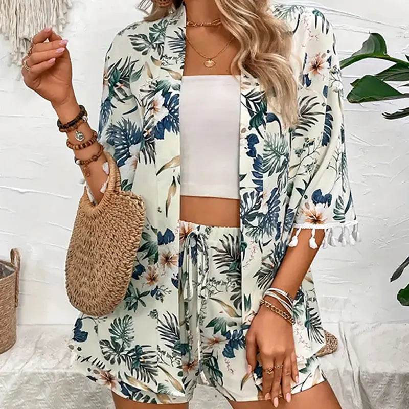 Y.KUKU Women's Floral Cardigan & Beach Shorts Summer Two-Piece Set - Buy Center US