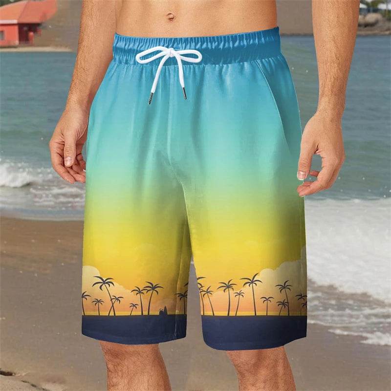 Hawaiian Coconut Tree Pattern Board Shorts - Quick Dry Men’s Swimwear - Buy Center US
