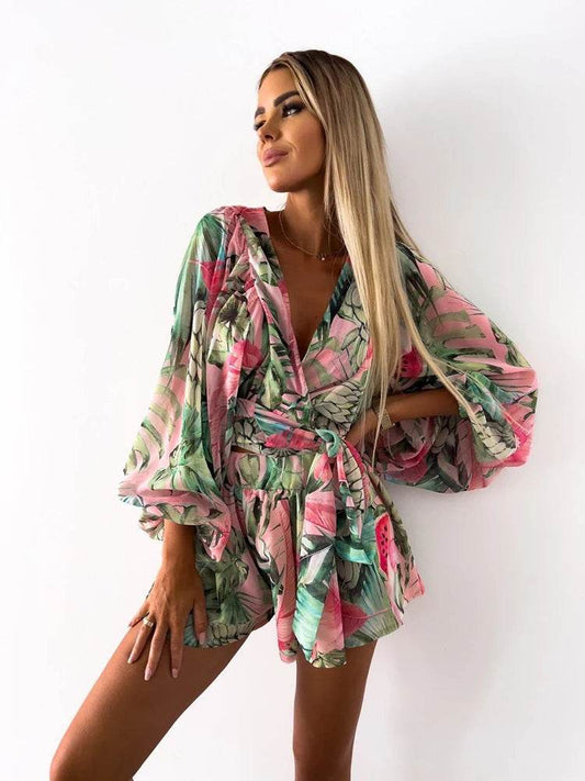 Summer Boho Deep V Neck Set - Casual Lantern Sleeve Top & Shorts - Buy Center US