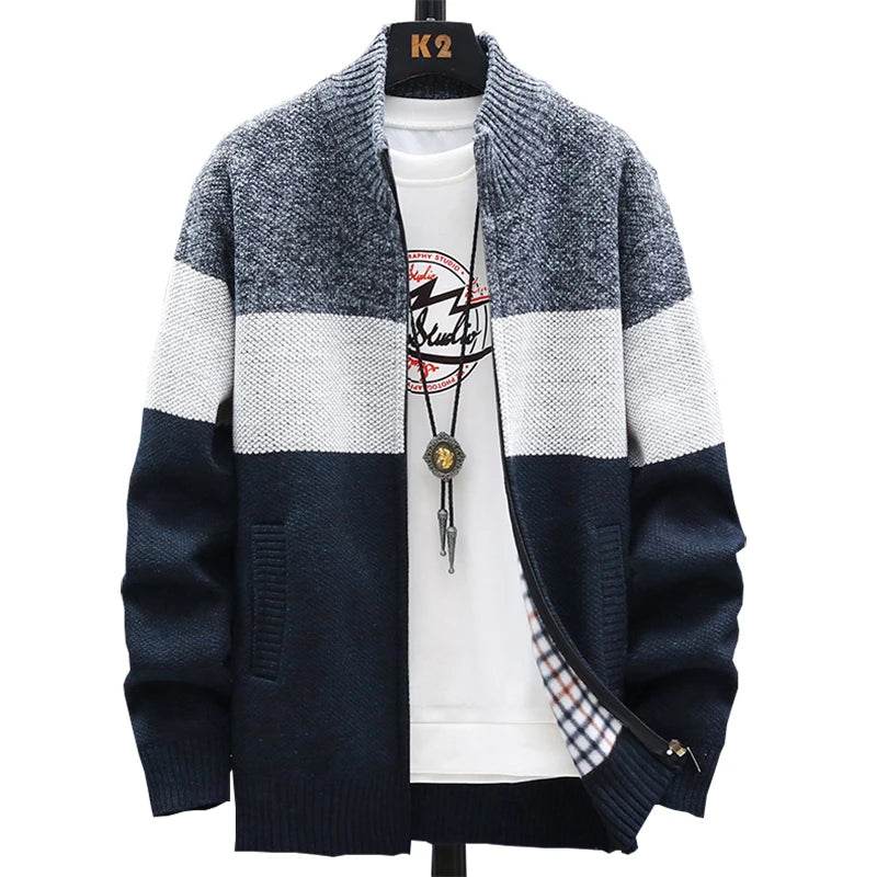 SNOW PINNACLE Men's Thick Velvet Cardigan: Patchwork Zipper Sweatercoat - Buy Center US