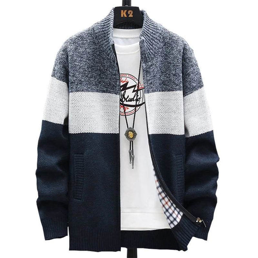 SNOW PINNACLE Men's Thick Velvet Cardigan: Patchwork Zipper Sweatercoat - Buy Center US