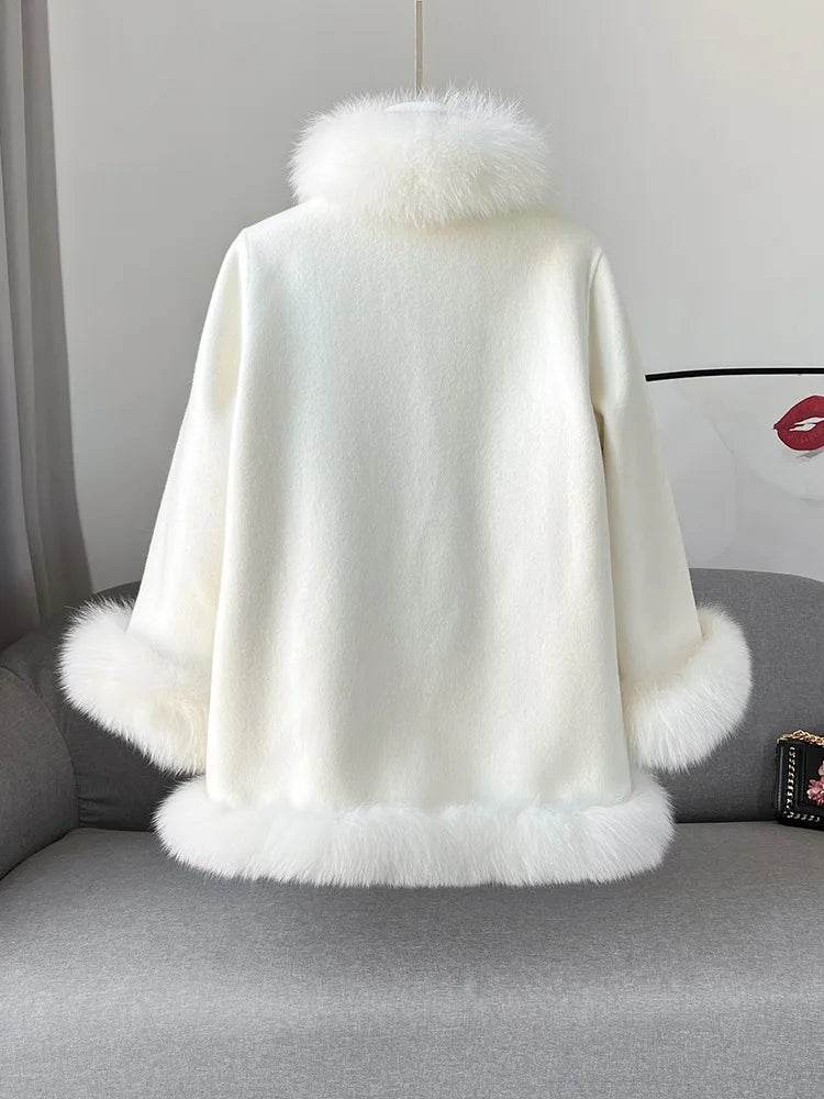 Elegant Real Fox Fur Collar Coat - Women's Wool Cloak for 2024 - Buy Center US