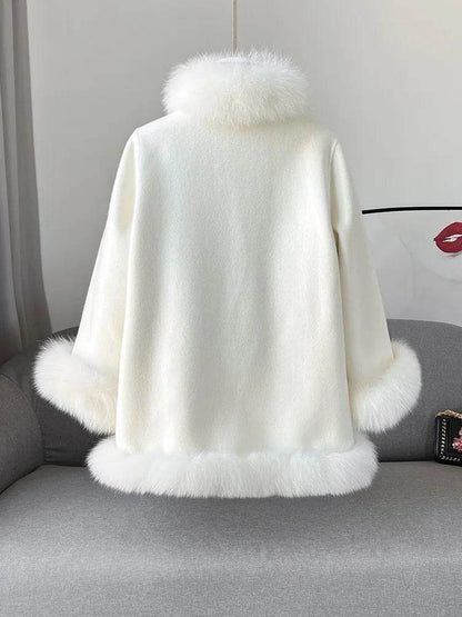 Elegant Real Fox Fur Collar Coat - Women's Wool Cloak for 2024 - Buy Center US