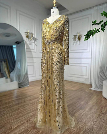SERENE HILL Mermaid Evening Dress - Custom Beaded Floor-Length Gown - Buy Center US