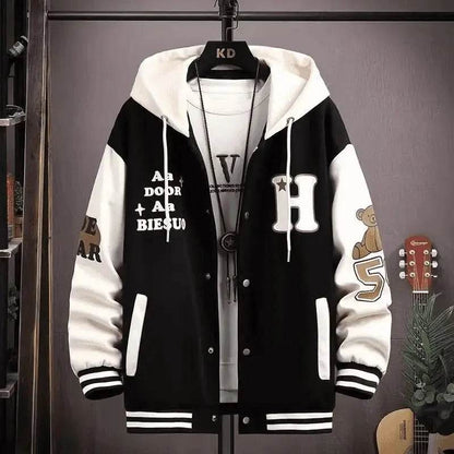 Trendy Letter Print Hooded Jacket - Men's Loose Fit Color Blocking Cardigan - Buy Center US