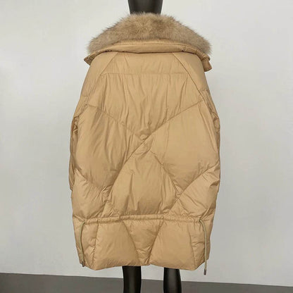 Real Fox Fur Puffer Coat - Women’s Warm Winter Jacket, Loose Fit - Buy Center US